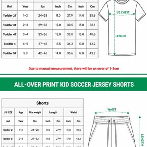 May include: A size chart for a kid soccer jersey shirt and shorts, featuring two tables with US sizes, age, weight in lbs, and measurements in inches. The shirt and shorts are illustrated with green arrows indicating where to measure for length, chest, and waist.