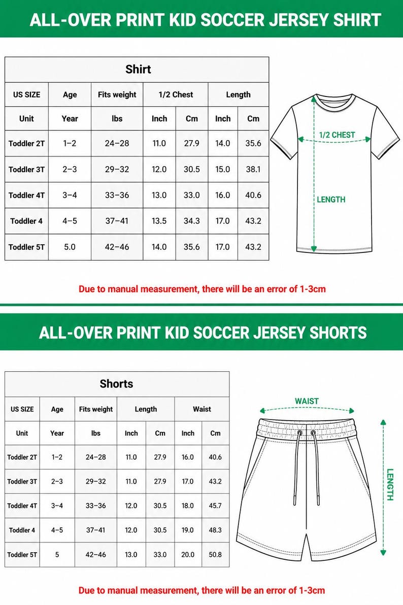 May include: A size chart for a kid soccer jersey shirt and shorts, featuring two tables with US sizes, age, weight in lbs, and measurements in inches. The shirt and shorts are illustrated with green arrows indicating where to measure for length, chest, and waist.