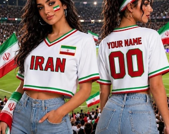 Custom Iran Soccer Crop Top Jersey, Personalized Iran Football Crop Tee, Custom Name Number Shirt for Women, Iran Fan Gift