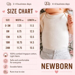May include: A size chart for baby clothing featuring a table with width and length measurements in inches for sizes 0-3M through 24M. The chart lists 100% combed ringspun cotton, light fabric, and durable fabric. A baby wears a cream bodysuit.