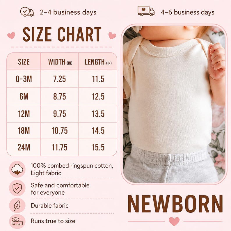 May include: A size chart for baby clothing featuring a table with width and length measurements in inches for sizes 0-3M through 24M. The chart lists 100% combed ringspun cotton, light fabric, and durable fabric. A baby wears a cream bodysuit.
