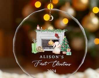 Adorno navideño personalizado para el primer bebé (2025), adorno de cristal con nombre personalizado, conejito de peluche como recuerdo para recién nacidos, regalos para bebés recién nacidos.