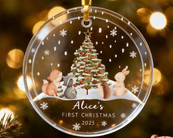 Adorno navideño personalizado para el primer bebé (2025), adorno de cristal con nombre personalizado, conejito de peluche como recuerdo para recién nacidos, regalos para bebés recién nacidos.