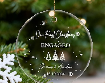 Adorno de compromiso personalizado, recuerdo de cristal personalizado con nombres y fecha, adorno para árbol de Navidad con anuncio de compromiso para pareja.
