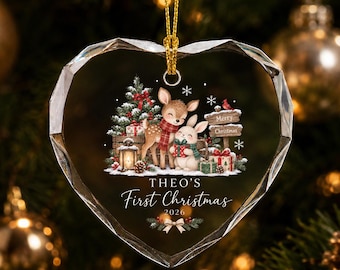 Adorno de cristal personalizado para la primera Navidad, recuerdo navideño con temática de bosque, decoración para el árbol de Navidad del bebé, regalo para recién nacidos