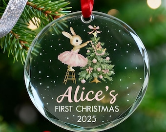 Adorno navideño personalizado para el primer bebé (2025), adorno de cristal con nombre personalizado, conejito de peluche como recuerdo para recién nacidos, regalos para bebés recién nacidos.