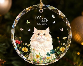 Adorno con foto de mascota fallecida, recuerdo navideño personalizado en memoria de un gato, regalo personalizado con foto, nombre y años de conmemoración de la mascota.