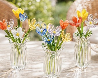 Conjunto de mini ramo de flores de cristal - Flores del mes de nacimiento, figura de cristal hecha a mano, regalo del Día de la Madre, regalos para ella