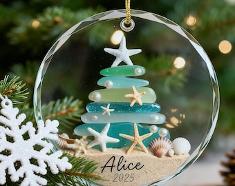 Adorno navideño personalizado para niña, adorno navideño personalizado de cristal marino para árbol de Navidad, adorno con nombre de niño/a, decoración navideña costera, Navidad en la playa