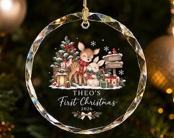 Adorno de cristal para la primera Navidad del bebé, recuerdo personalizado de ciervo del bosque, regalo de Navidad para recién nacido con nombre personalizado 2026