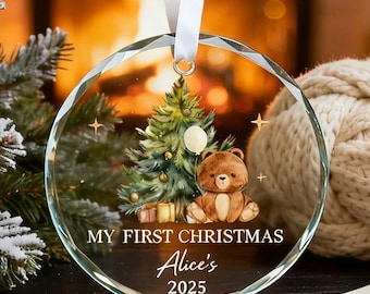 Adorno navideño personalizado para el primer bebé (2025), adorno de cristal con nombre personalizado, conejito de peluche como recuerdo para recién nacidos, regalos para bebés recién nacidos.