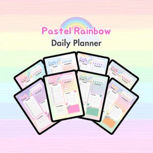 May include: Digital daily planners in a pastel rainbow design. Each planner includes sections for scheduling, priorities, and tasks. The words "Pastel Rainbow Daily Planner" are written at the top of the image.