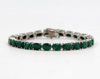 Pulsera de malaquita hecha a mano en plata de ley 925, pulsera de piedra verde, pulsera de plata con eslabones de malaquita hecha a mano, regalo de Navidad para ella.