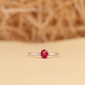 925 Sterling Silver Ruby Ring, Oval Ruby Solitaire Ring, Minimalist Gemstone Ring, July Birthstone Jewelry, Promise Ring for Her