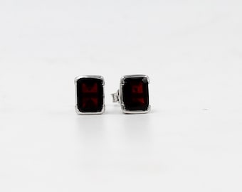 Garnet Silver Stud Earrings | Natural Garnet in 925 Sterling Silver | Handmade Birthstone Studs | January Gemstone Jewelry Gift