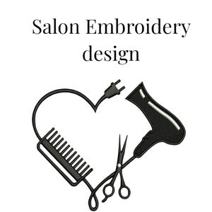 May include: Black salon embroidery design on a white background. The design features a heart shape formed by a comb, a plug, and a hairdryer. Scissors are in the center. The text "Salon Embroidery design" is at the top.