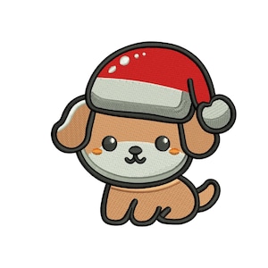 Könnte beinhalten: Cartoon-Illustration eines braunen Welpen mit rotem und weißem Weihnachtsmannhut. Der Welpe hat große, schwarze Augen, eine kleine schwarze Nase und einen lächelnden Mund. Die Abbildung ist schwarz umrandet.