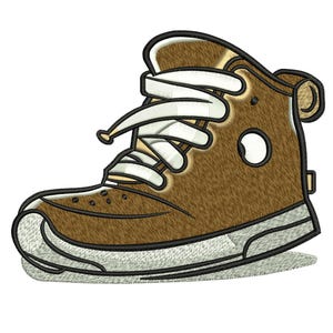 Puede incluir: Una zapatilla alta marrón de estilo caricatura con cordones blancos y suela blanca. El zapato tiene un ojal redondo y una pequeña lengüeta en la parte trasera. El diseño está delineado en negro.