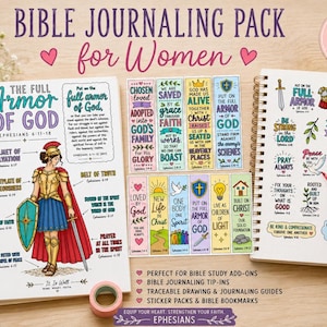 May include: Bible journaling pack for women, featuring colorful stickers, bookmarks, and traceable drawing guides. Includes a notebook with illustrations and the text "The Full Armor of God" and "Ephesians 6:11-18". Includes color and black and white options.