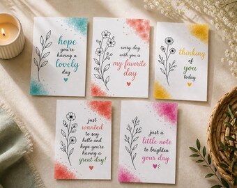 Juego de 5 tarjetas imprimibles "Hola, pienso en ti", notas de ánimo, tarjetas de felicitación plegables de 4.25 x 5.5 pulgadas.