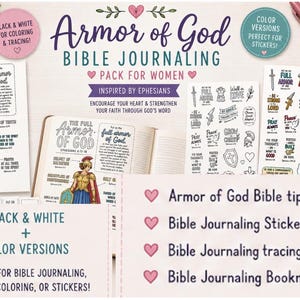 May include: A collection of Armor of God Bible journaling materials including black and white tracing guides, color sticker sheets, and tip-ins. The items feature illustrations of a soldier, swords, shields, and text such as Armor of God.