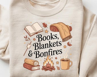 Cozy Books Blankets and Bonfires Shirt, Fall Reading Graphic Tee, Autumn Campfire Book Lover T-Shirt, Cozy Autumn Outfit, Fall Quote Top