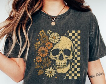Checkered Skeleton Shirt, Floral Woman Skeleton Halloween Shirt, Skull Halloween Tee, Spooky Skeleton Sweatshirt, Fall Flowers Skeleton Tee