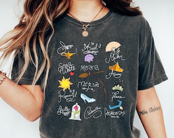 Disney Princess Autograph Shirt, Cute Pastel Tee with Princess Signatures, Ariel Moana Cinderella Shirt, Disney Trip Shirt for Women Kids
