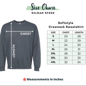 May include: A dark gray crewneck sweatshirt with a size chart. The chart lists chest and length measurements in inches for sizes S to 4XL. The text "Size Chart" and "Softstyle Crewneck Sweatshirt" are also visible.