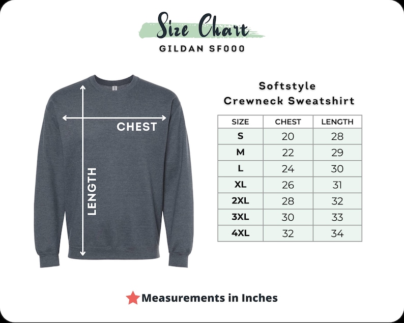 May include: A dark gray crewneck sweatshirt with a size chart. The chart lists chest and length measurements in inches for sizes S to 4XL. The text "Size Chart" and "Softstyle Crewneck Sweatshirt" are also visible.