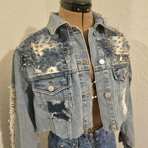 Denim Jean Jacket - Cropped Distressed Patchwork Spiked Chains Denim Jacket Size Small