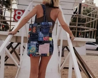 Sac à main fourre-tout en jean et velours côtelé - Style bohème - Sac recyclé