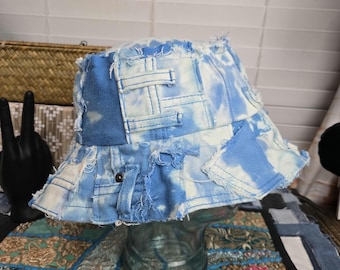 Upcycled Tie Dye Denim Bucket Hat – Patchwork Distressed Jean