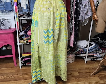 Green Patchwork Rayon Long Maxi Skirt - Floral Drawstring Waist, Boho Style