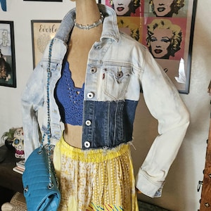 Levi&#39;s Denim Jean Jacket - Cropped Corset Style Distressed Patchwork Denim Design Jacket - ONE OF A KIND