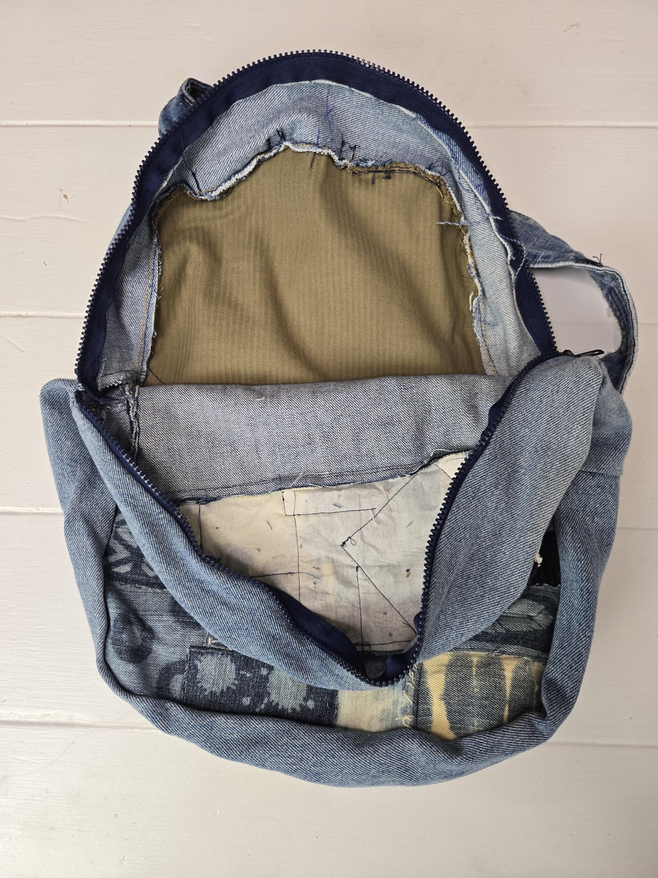 Handmade Denim Patchwork Backpack – One of a Kind - Size: 17” H × 12” W × 5” D Denim Backpack Boho Patchwork Design Upcycled Denim - One of  main image 2
