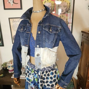 Denim Jean Jacket - Cropped Corset Style Distressed Patchwork Denim Design Jacket - ONE OF A KIND