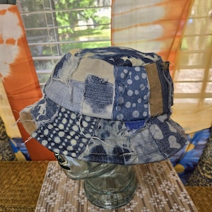 Denim Corduroy Patchwork Bucket Hat - Distressed denim Polka Dot Bucket Hat