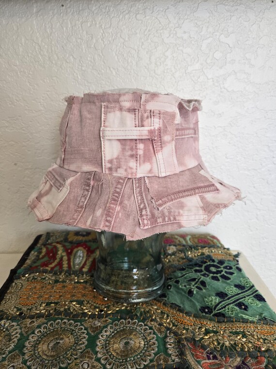 Upcycled Pink Denim Patchwork Bucket Hat with Lace and Vintage Embellishments OS Upcycled Pink Denim and Corduroy Bucket Hat With BONUS  main image 4