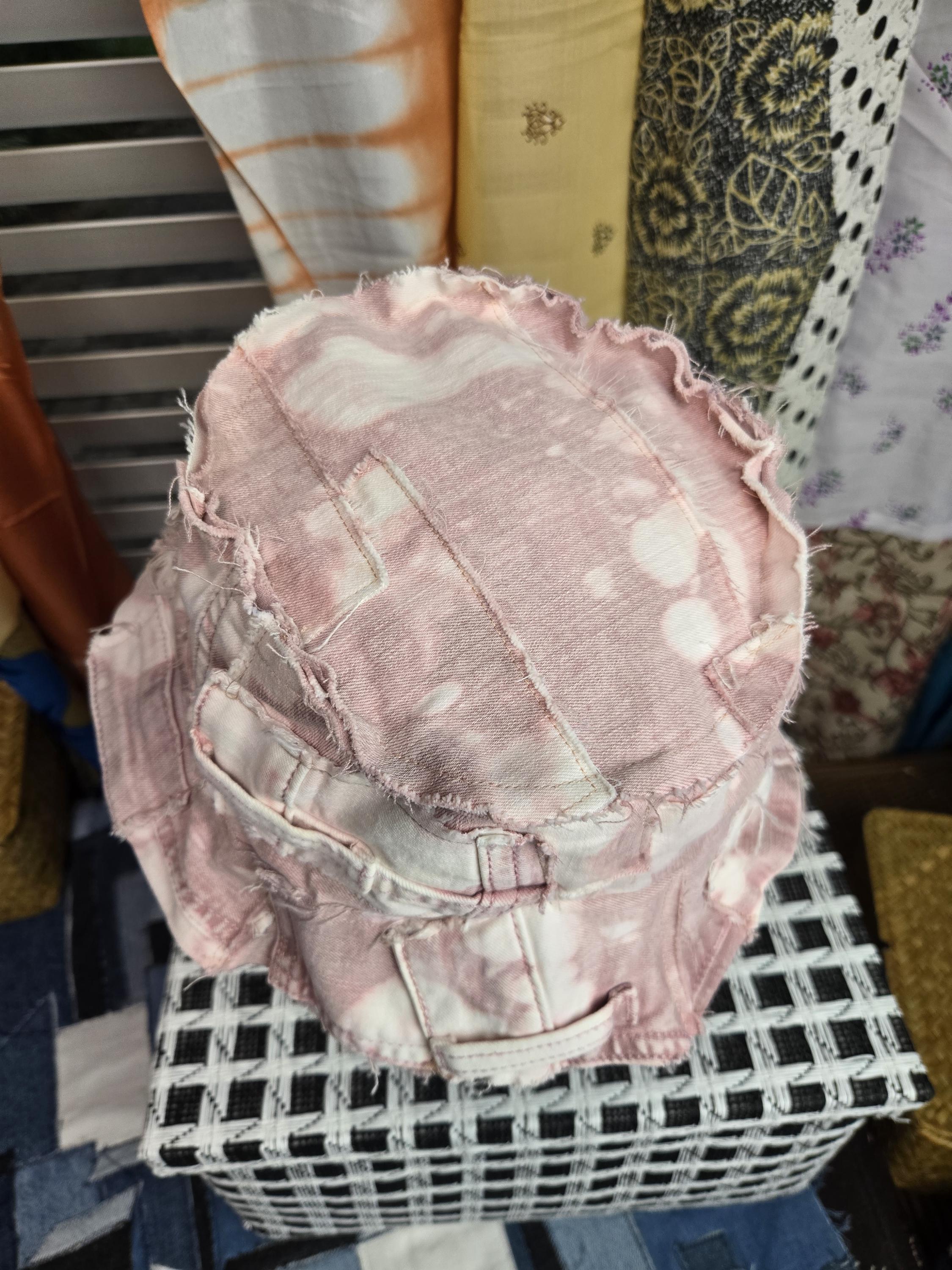 Upcycled Pink Denim Patchwork Bucket Hat with Lace and Vintage Embellishments OS Upcycled Denim M/22.5 main image 2