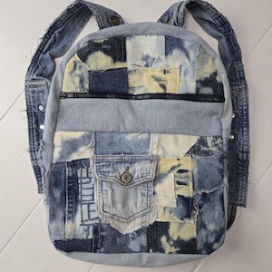 Upcycled Patchwork Denim Backpack – Tie Dye Jean Waistband Straps, Recycled Bag