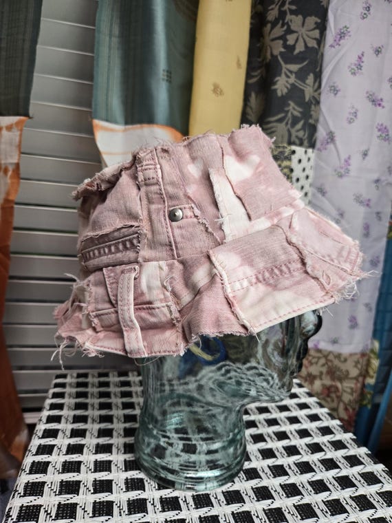 Pink Patchwork Denim Bucket Hat: Distressed Tie Dye - Etsy display picture 3