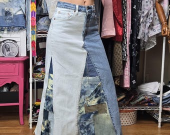 Denim Patchwork Skirt Upcycled Levi's Jeans Turned Into Skirt