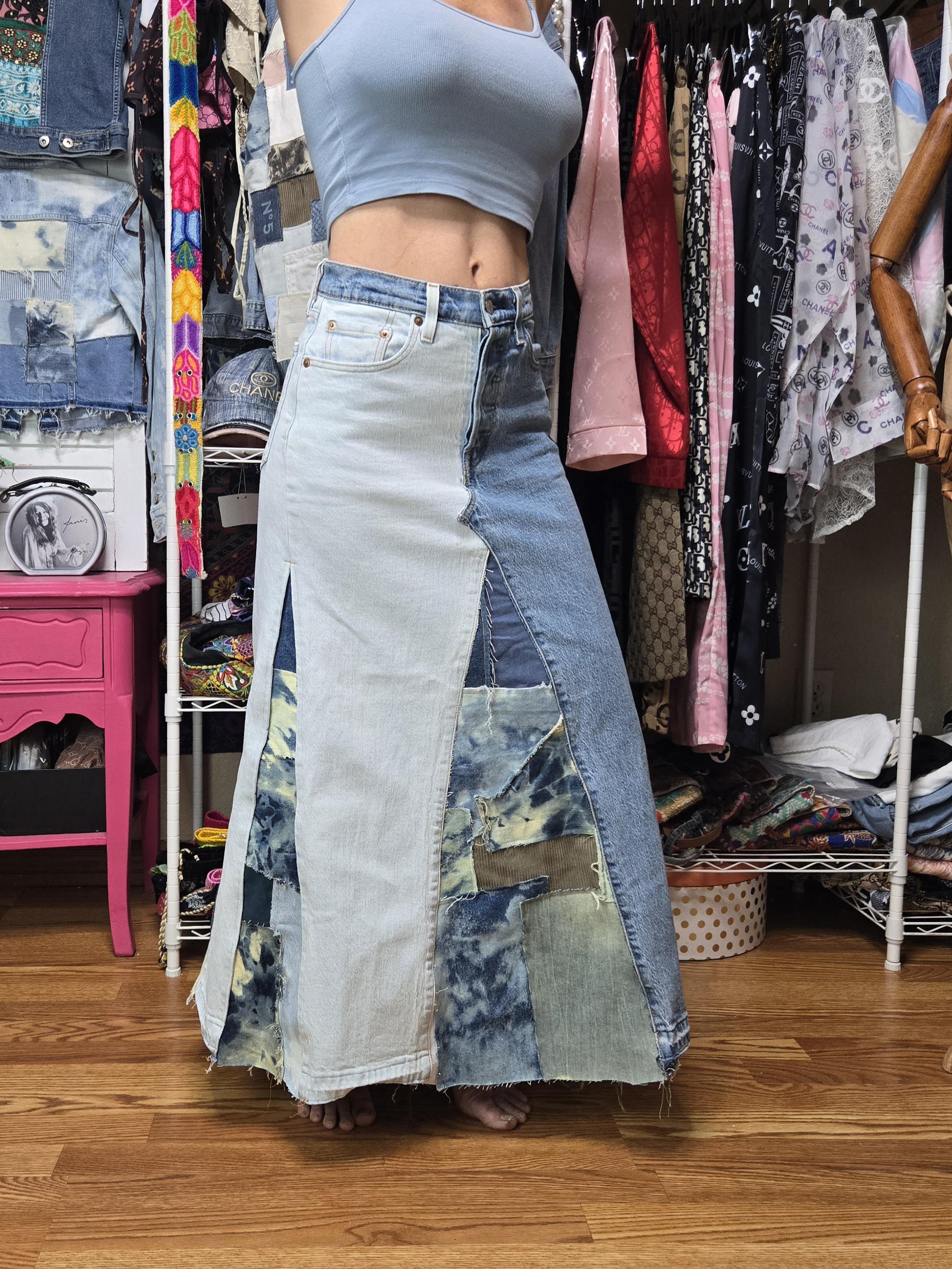 Denim Patchwork Skirt Upcycled Levi's Jeans Turned Into Skirt