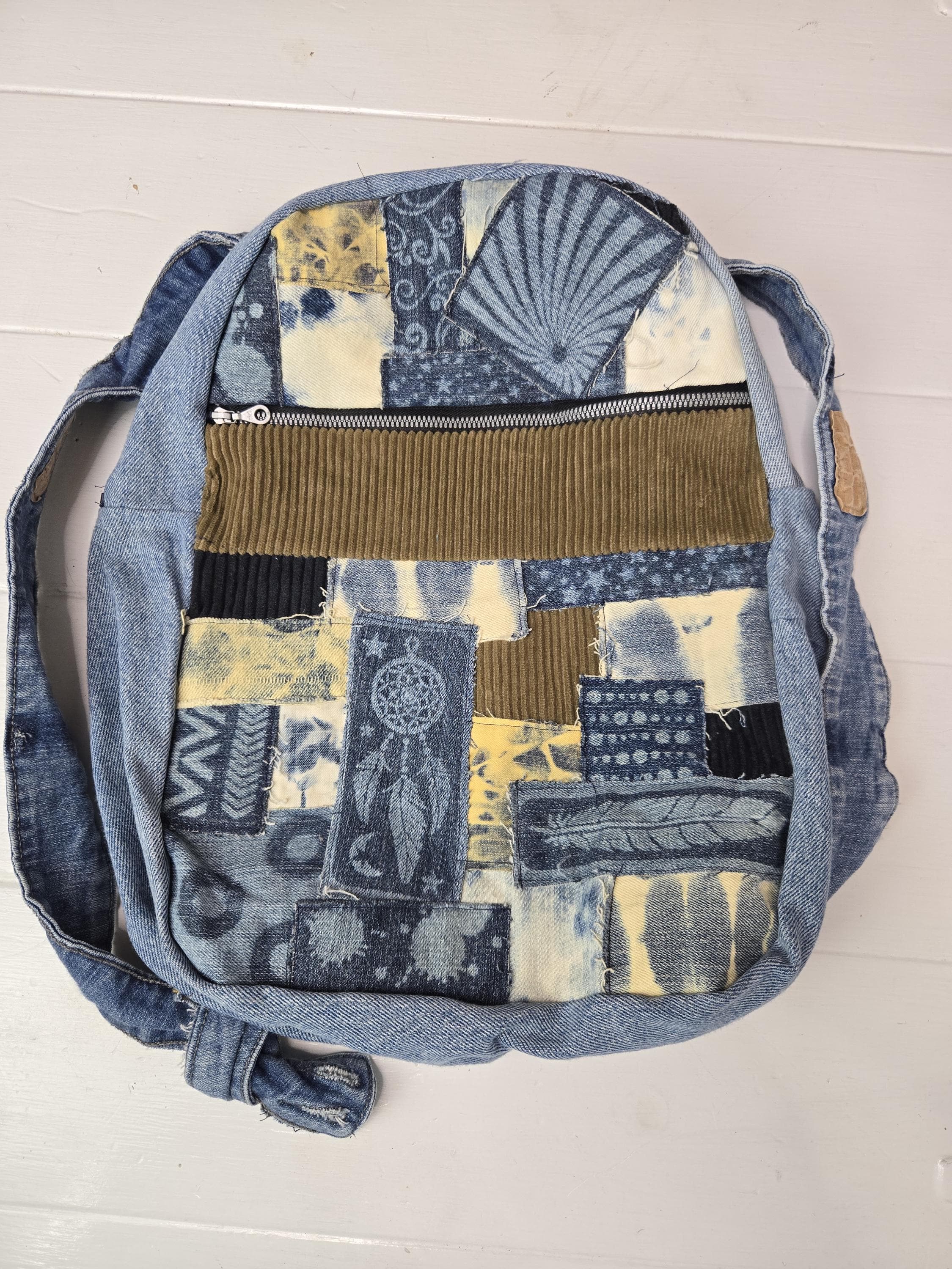Denim Backpack Boho Patchwork Design Upcycled Denim - One of  display picture 1