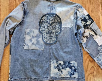 Distressed Patchwork Denim Jean Jacket: Day of the Dead, Size 1X