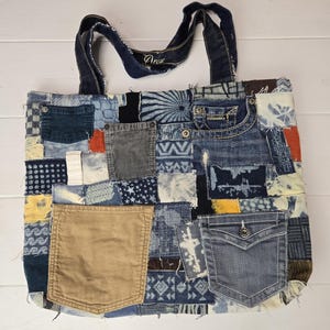 Grote denim corduroy schoudertas met patchwork portemonnee denim zakken Unieke tas