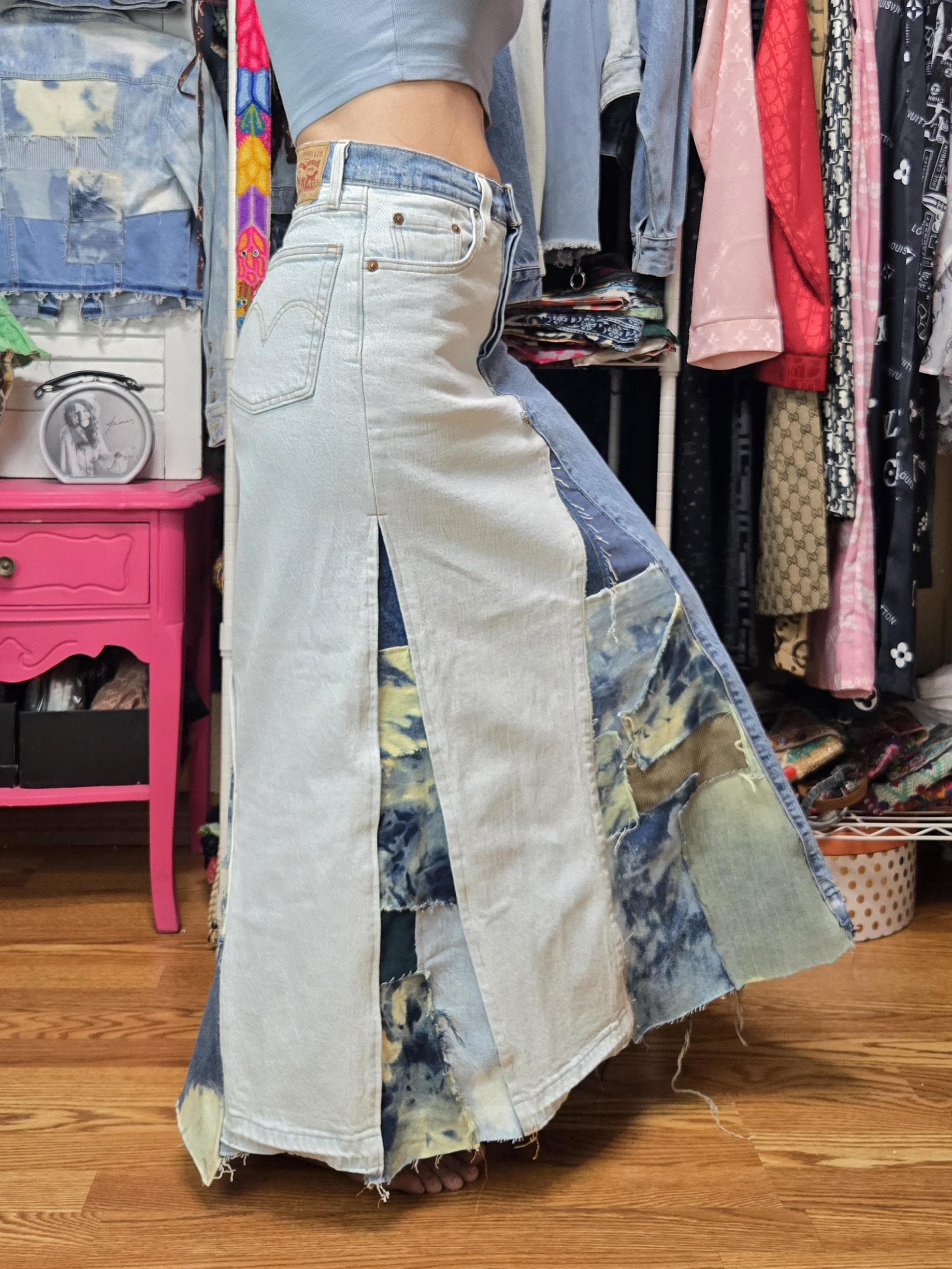 Denim Patchwork Skirt Upcycled Levi's Jeans Turned Into Skirt