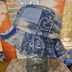 Denim Corduroy Patchwork Bucket Hat - Distressed denim Day of the Dead Patch Bucket Hat
