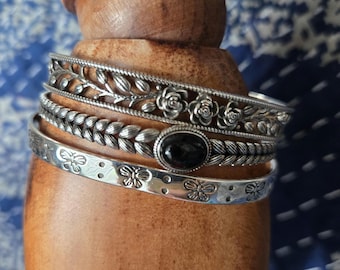 Sterling Silver Boho Etched Bangle Bracelet - Butterfly - Onyx - Flower Bracelets - with Silky Jewelry Pouch